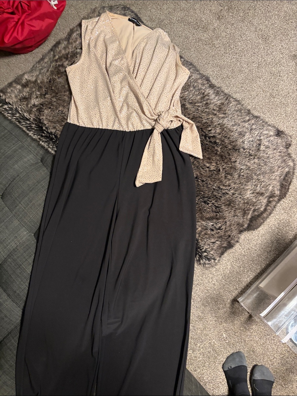 bebe Nude-Beige Metallic Dot V-Neck Dress